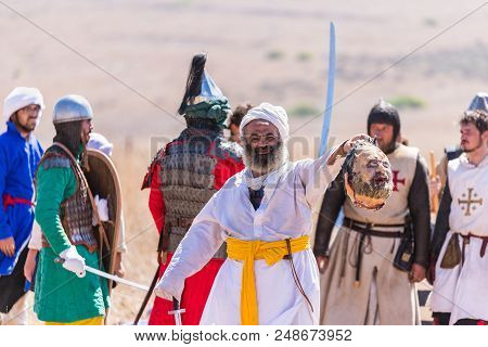 Tiberias, Israel, July 07, 2018 : Reconstruction Of Horns Of Hattin Battle In 1187. The Warrior Of S