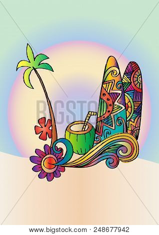 Surf Boards On Sea Beach. Summer Design.