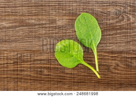 Fresh Baby Spinach Top View On Brown Wood Background Two Green Single Leaves