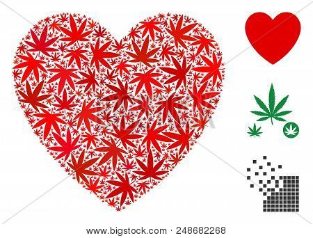 Love Heart Mosaic Of Weed Leaves In Various Sizes And Color Hues. Vector Flat Weed Icons Are Grouped