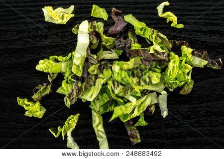 Fresh Green Lettuce Red Little Gem Variety Chopped Flatlay On Black Wood
