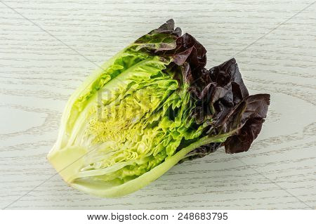 One Half Of Fresh Green Lettuce Red Little Gem Variety Flatlay On Grey Wood
