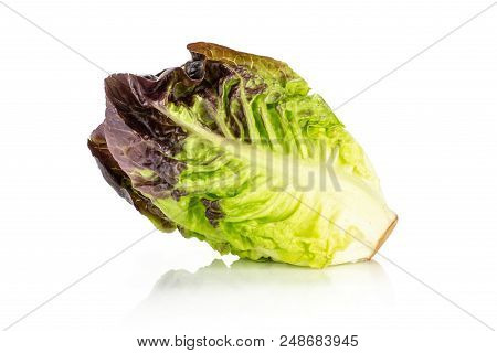 One Whole Fresh Green Lettuce Red Little Gem Variety Side View Isolated On White