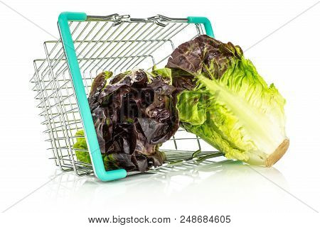 Group Of Two Whole Fresh Green Lettuce Red Little Gem Variety Out Of A Shopping Basket Isolated On W