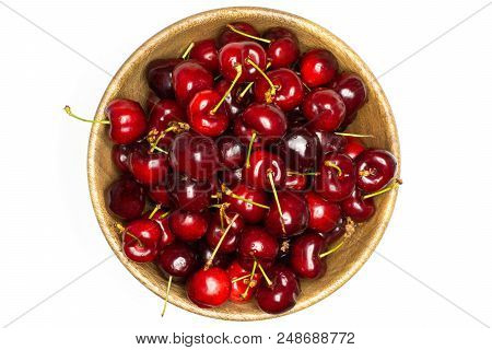 Sweet Bright Red Cherry Flatlay Isolated On White