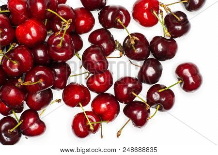 Sweet Bright Red Cherry Flatlay Isolated On White