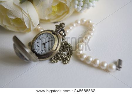 Vintage Pocket Watch And Hour Glass Or Sand Timer, Symbols Of Time With Copy Space
