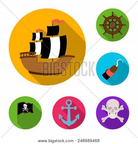 Pirate, Sea Robber Flat Icons In Set Collection For Design. Treasures, Attributes Vector Symbol Stoc