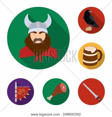 Vikings And Attributes Flat Icons In Set Collection For Design.old Norse Warrior Vector Symbol Stock