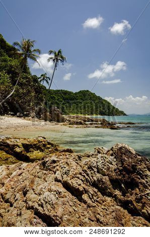 Stunning Seascape View Of Kapas Island Located In Terengganu, Malaysia At Sunny Day With Blue Sky Ba