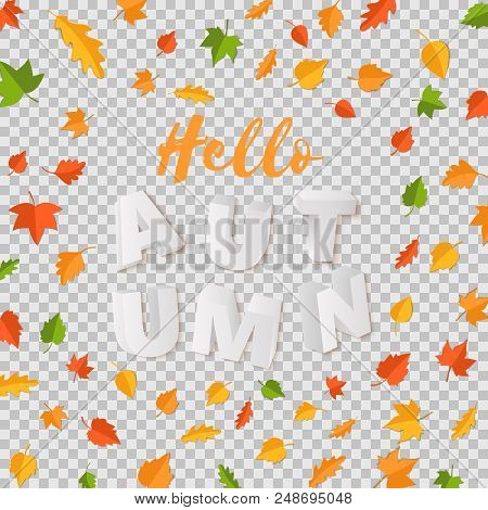 Word Autumn Composition With Green Yellow Red Leaves With Shadow In Paper Cut Style. Fall Leaf 3d Re