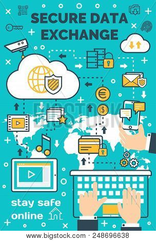 Internet Data Secure Exchange And File Transfer In Private Safety Technology. Vector Thin Line Poste