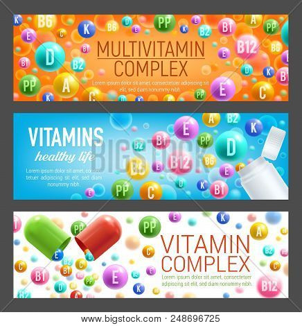 Vitamins And Multivitamins Complex Banners For Healthcare Dietary Supplements. Vitamin C, B Or E And