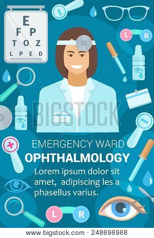 Ophthalmology Medicine Poster For Clinic Or Vision Medical Checkup Examination. Vector Design Of Oph