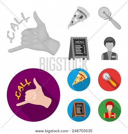 A Pizza Cutter, A Slice, A Menu In A Pizzeria, A Courier. Pizza And Pizzeria Set Collection Icons In