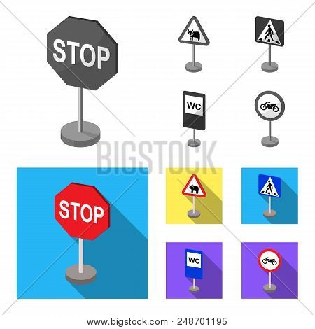 Different Types Of Road Signs Monochrome, Flat Icons In Set Collection For Design. Warning And Prohi