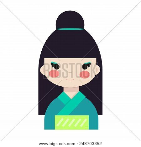 Japanese/ Chinese Girl Doll Isolated On White Background. Kokeshi Doll. Asian Avatar. Vector Stock.