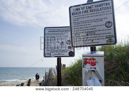 Montauk, New York-june 8:beach Regulations Sign And Beach Fire Rules Ditch Plains, Montauk, New York