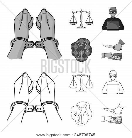 Handcuffs, Scales Of Justice, Hacker, Crime Scene.crime Set Collection Icons In Outline, Monochrome 