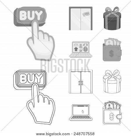 Hand, Click, Elevator, Gift, Box, Door, Online Store And Other Equipment. E Commerce Set Collection 
