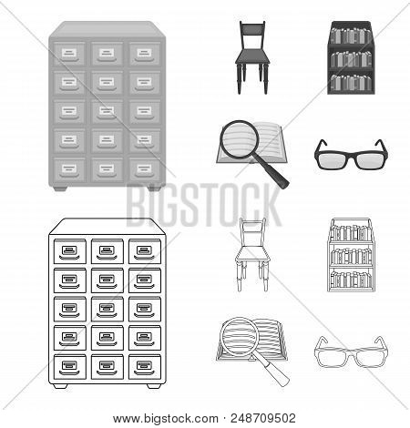 Cabinet With Filing Cabinet, Chair, Shelves, Information Search. Library And Bookstore Set Collectio