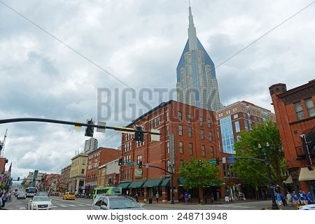 Nashville,tn,usa - Sep 27, 2015: At&t Building And Historical Broadway In Downtown Nashville, Tennes
