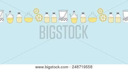 Bottles Of Oil Vase And Lemon-spa In The Country. Horizontal Border Seamless Repeat Pattern. Vector 