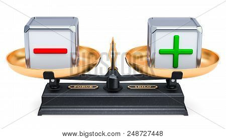 Balance Concept Plus Or Minus, Scales. 3d Rendering Isolated On White Background