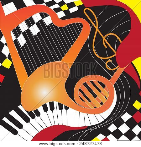 Design Poster With Musical Instruments And Chess. Vector Illustration
