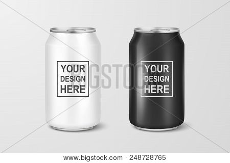 Vector Realistic 3d Empty Glossy Metal White And Black Aluminium Beer Pack Or Can Set Visual 330ml. 