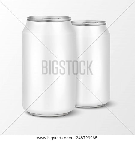Two Vector Realistic 3d Empty Glossy Metal White Aluminium Beer Pack Or Can Visual 330ml. Can Be Use
