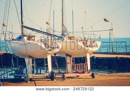 The Yacht Is Parked In The Roadstead And Ready For Travel.
