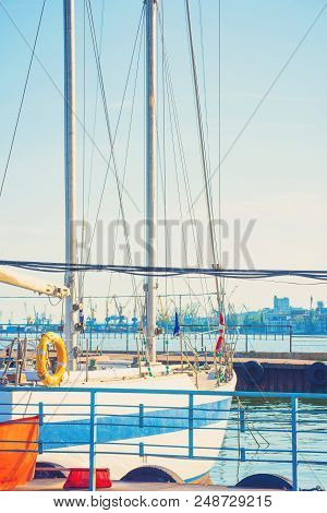 The Yacht Is Parked In The Roadstead And Ready For Travel.