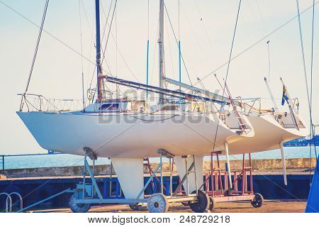 The Yacht Is Parked In The Roadstead And Ready For Travel.