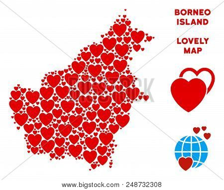 Romantic Borneo Island Map Mosaic Of Red Hearts. We Like Borneo Island Map Concept. Abstract Vector 