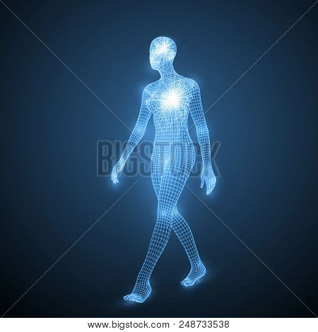 Energy Of The Walking Woman. Spiritual Energy Beams Inside Head And Torso. Blue Version. Suitable Fo