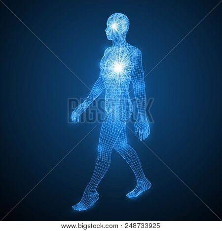 Energy Of The Walking Man. Spiritual Energy Beams Inside Head And Torso. Blue Version. Suitable For 
