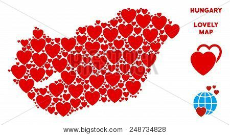 Lovely Hungary Map Collage Of Red Hearts. We Like Hungary Map Template. Abstract Vector Area Plan Is
