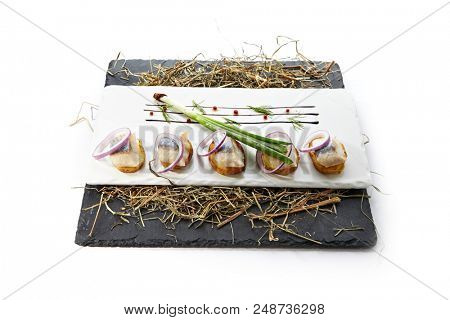Herring Canape with Potato and Onion on Natural Rustic Background. Beautiful Creative Sea Food Design of Fish Fillet with Scallions on Dry Hay and Black Slate