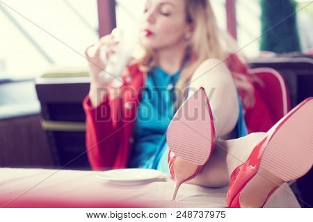 Closeup Fof Pretty Stylish Fashion Girl Having Fun Drinking Milkshake In A Cafe Outdoors.photo With 