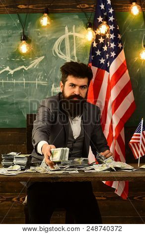 Bearded Man With Dollar Money For Bribe. Bearded Man With Many American Dollars