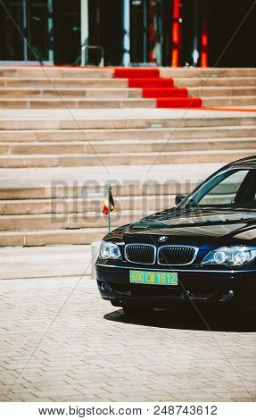 Strasbourg, France - Apr 21, 2015: Bmw Limousine With Royal Belgium Flag Parked Near The Red Carpet 