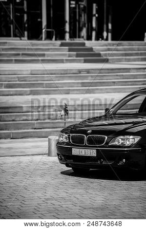 Strasbourg, France - Apr 21, 2015: Front View Of Luxury Bmw Limousine With Royal Belgium Flag Parked