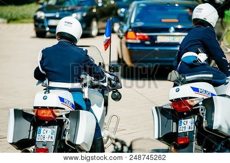 Strasbourg, France - Apr 21, 2015: Police Officers Convoy On Motorcycles Preparing To Leave The Euro