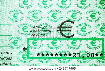 Paris, France - Jan 1, 2015: 21 Euros On French Cheque Issued By Direction Generale Des Finances Pub