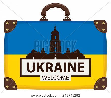 Vector Travel Banner With Suitcase In Colors Of Ukraine Flag With The Belfry Of St. Sophia Cathedral