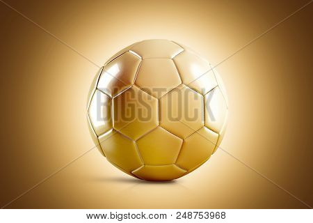 Blank Golden Soccer Ball Mock Up, Front View, 3d Rendering. Glossy Gold Football Sphere Mockup On Br