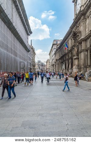 Milan, Italy - May 29, 2018: Piazza Dei Mercanti Street.