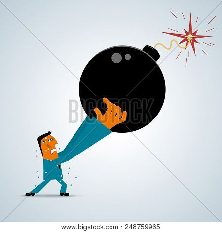 The Businessman Raised The Bomb, Businessman Wearing A Blue Suit, The Bomb Is Black.
