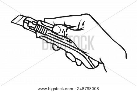 Painted Hand Holds A Construction Knife With A Retractable Blade.
